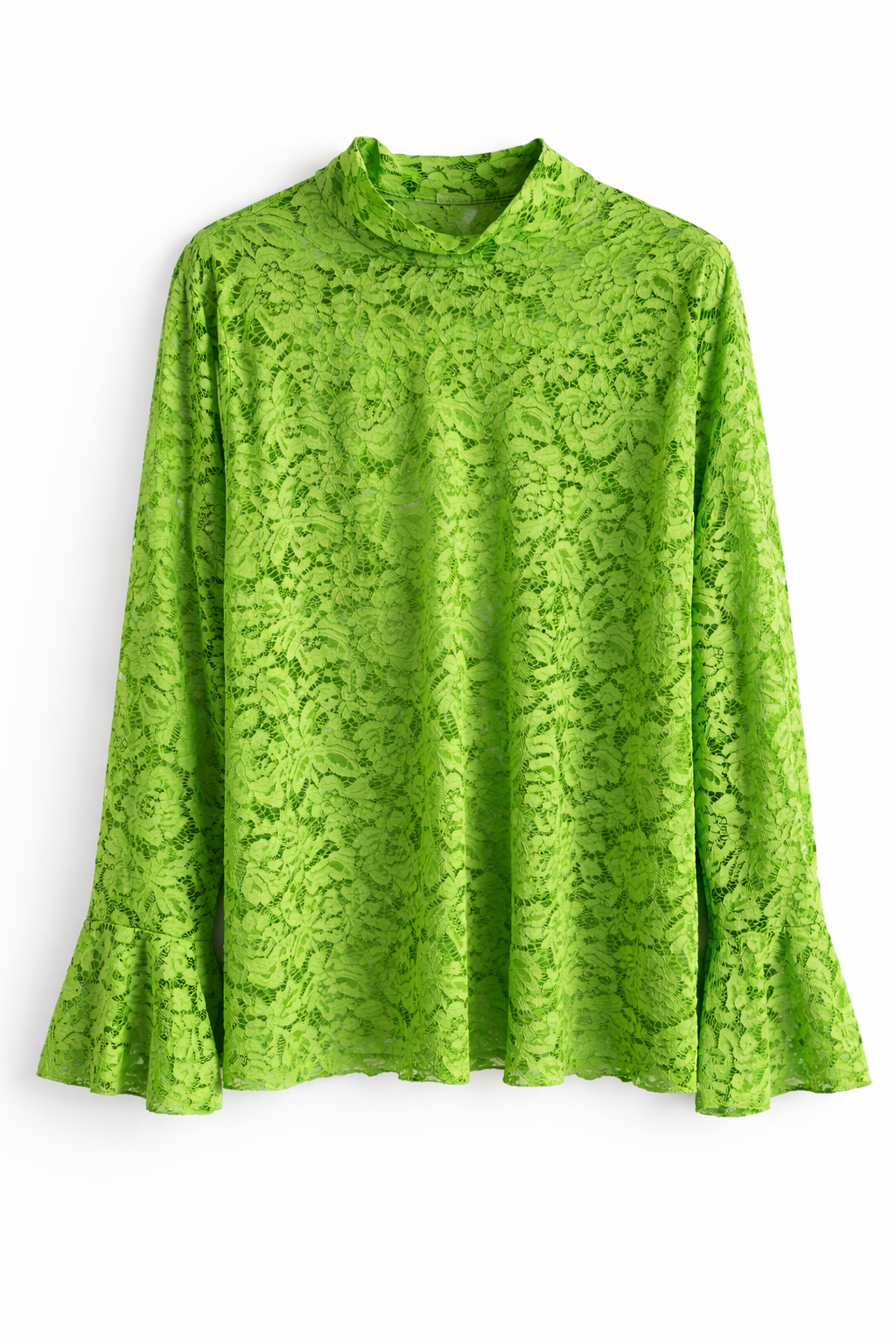 Een fel neon groene, colkraag, lange mouwen, kanten top met uitlopende, gegolfde manchetten.