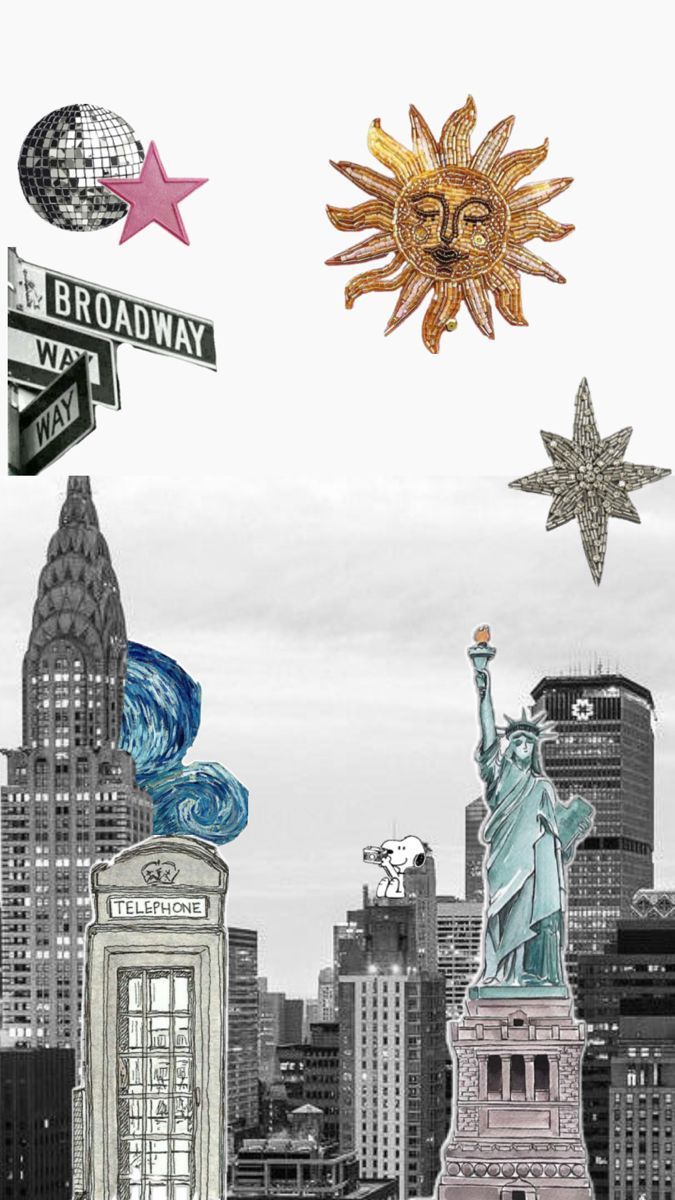 Een collage met wolkenkrabbers van New York City, het Vrijheidsbeeld, een telefooncel en grafische elementen met een hemels thema.