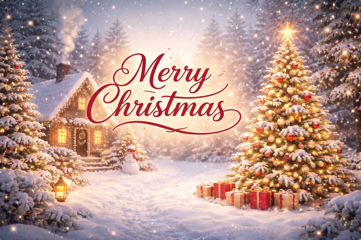 Christmas scene: illuminated tree, snow-covered cabin, gifts, 