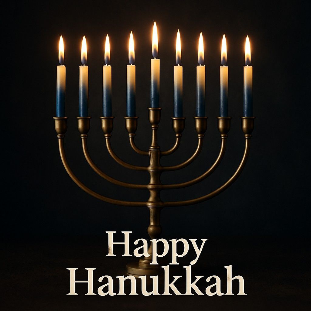 A lit Hanukkah menorah with eight candles against a dark background, text reads