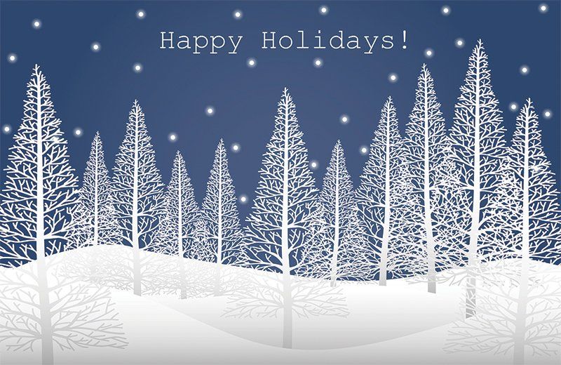 Snow covered evergreen trees with Happy Holidays on the image.