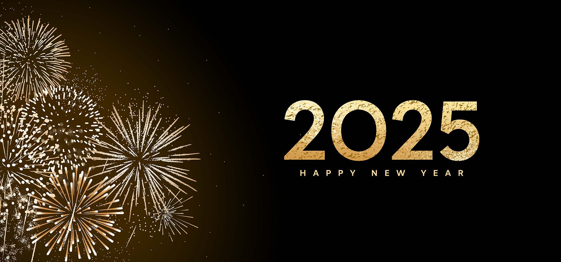 Gold text stating Happy New Year 2025 and gold fireworks on a black background