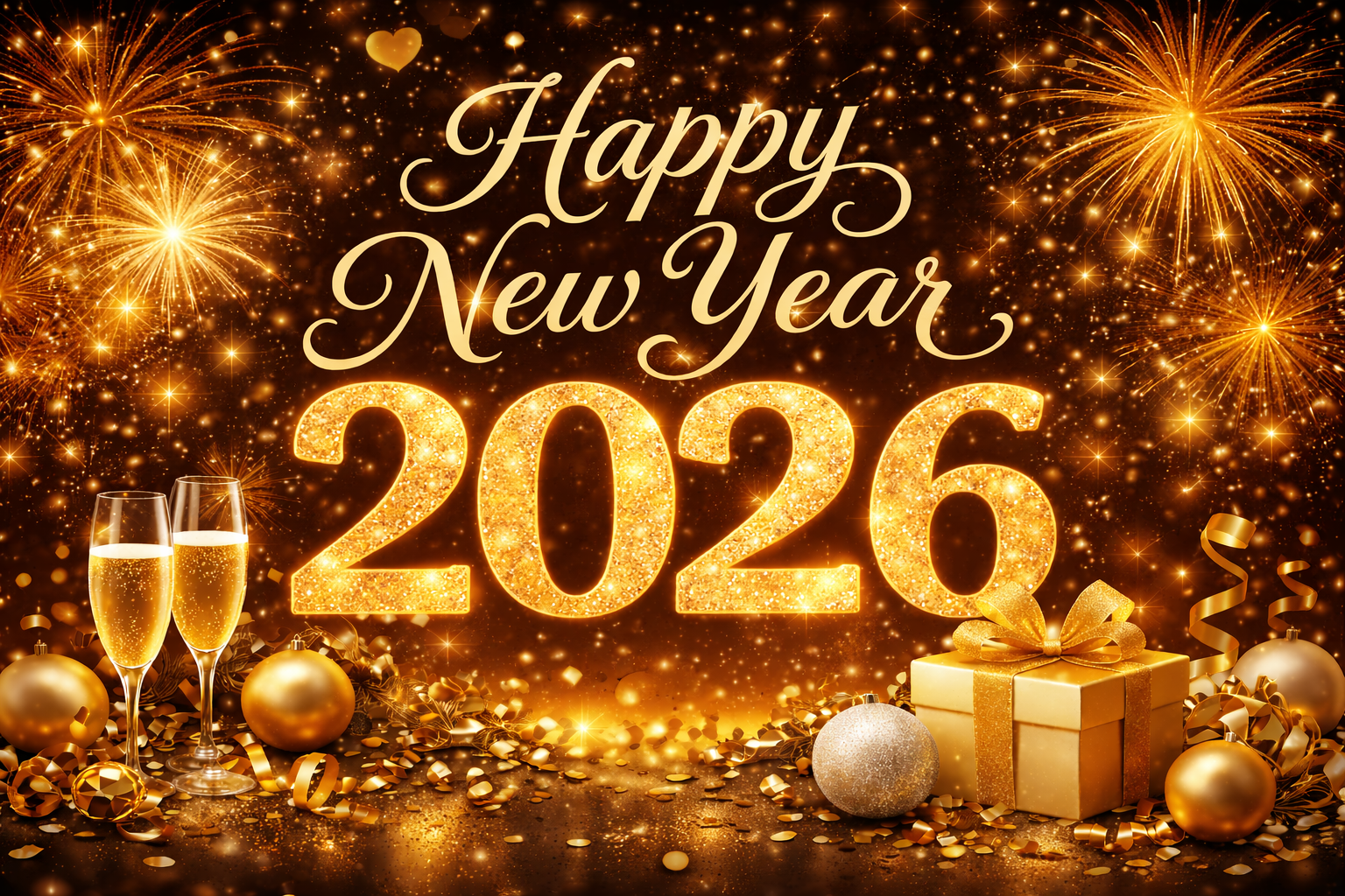 Happy New Year text and gold fireworks, champagne glasses presents, and ornaments.