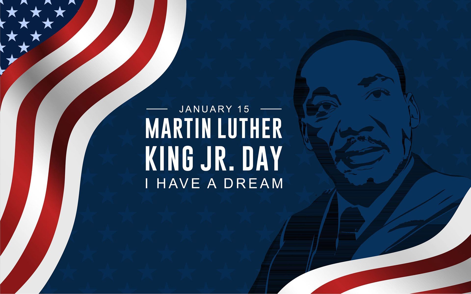 Martin Luther King is on the right side, and a flag is on the left, draped around him on the right. 