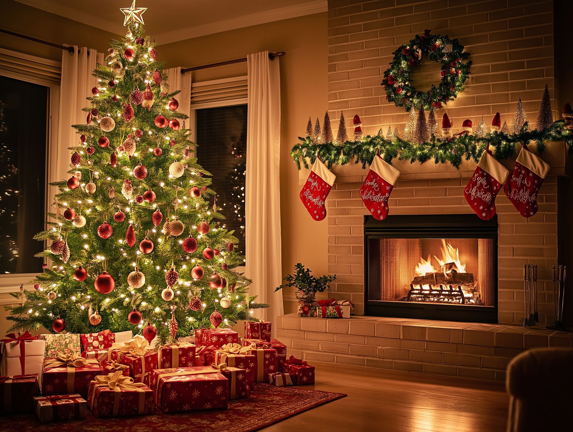 Fireplace burning with stockings hung from the mantle and a fully decorated Christmas Tree.