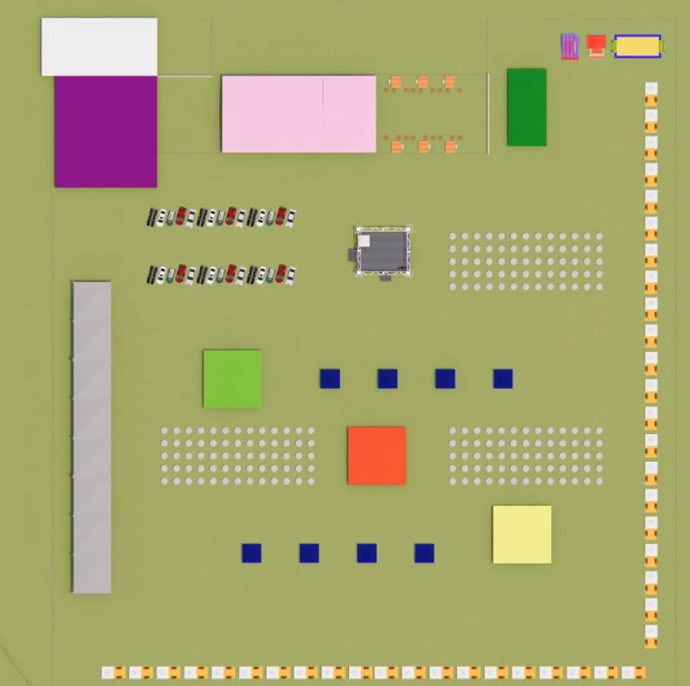 Uma vista aérea de uma placa-mãe de computador com vários quadrados coloridos