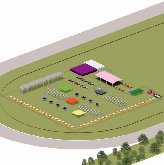 Uma vista aérea de uma pista de corrida com um monte de tendas