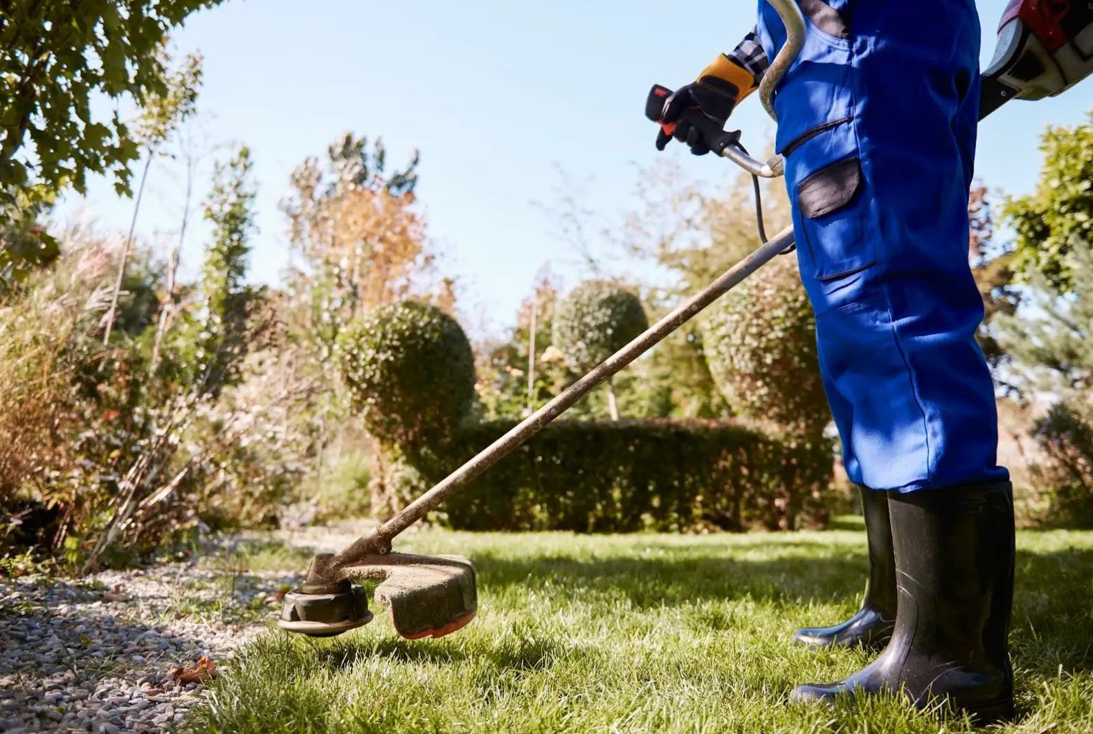 A person in blue overalls and boots uses a weed wacker in a grassy yard on a sunny day.