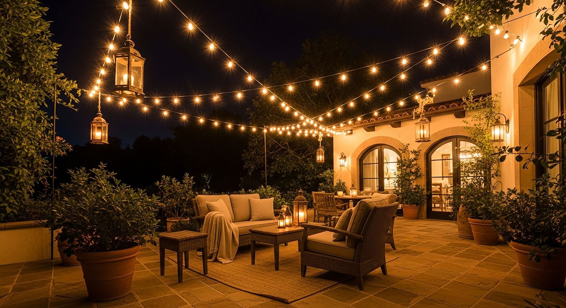 Cozy patio with string lights, wicker seating, potted plants, and a lit doorway at night