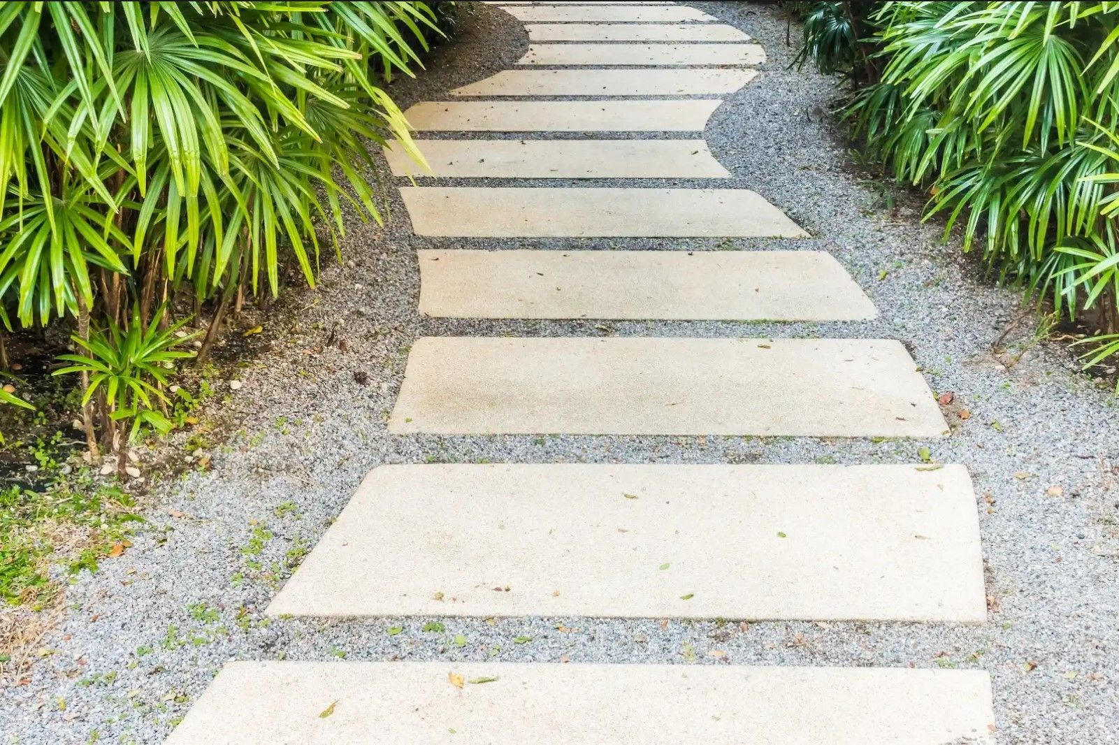 Stone pathway winding through a garden with green foliage and gravel.