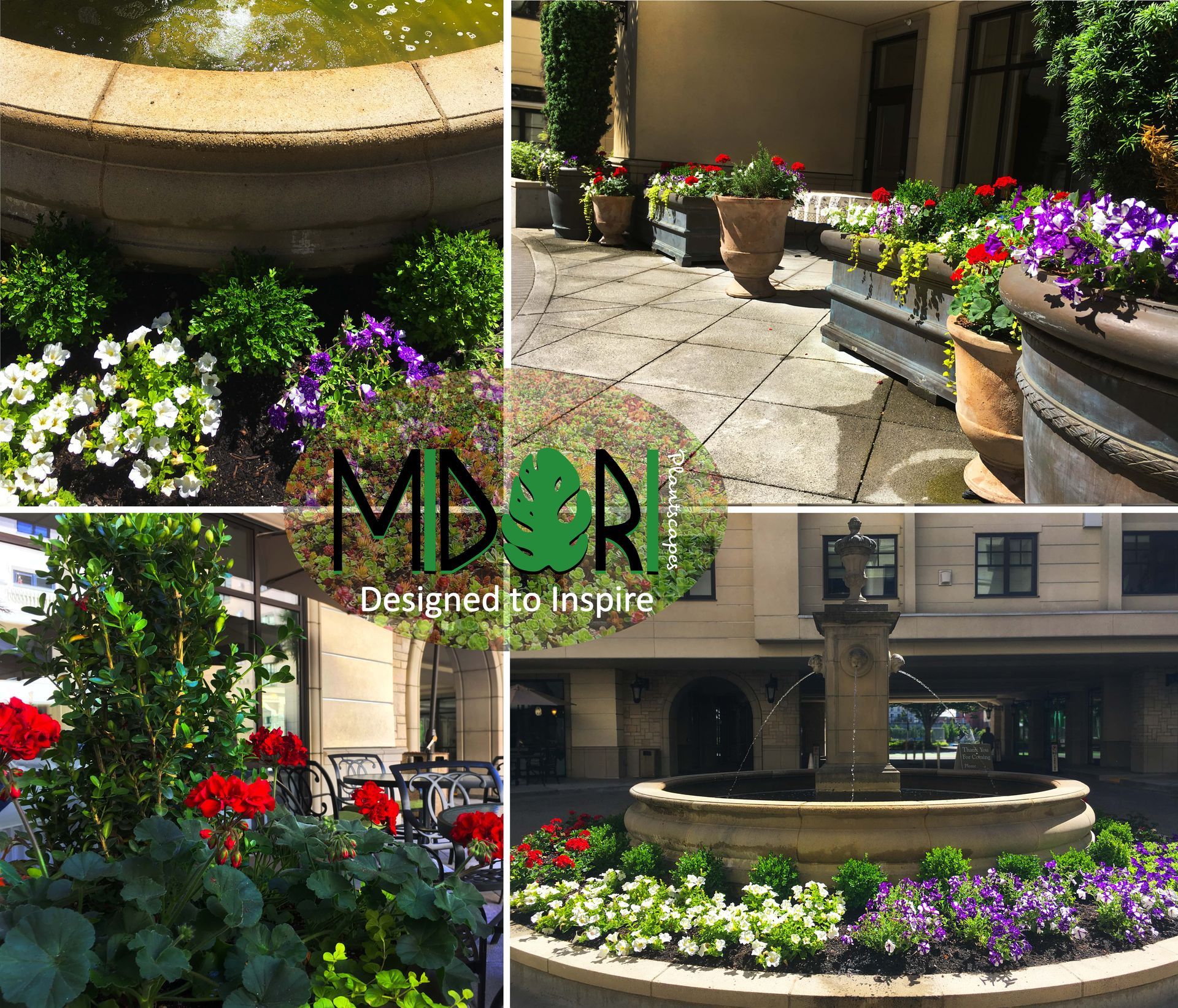 A collage of photos of flowers and a fountain with the words mdr designed to inspire