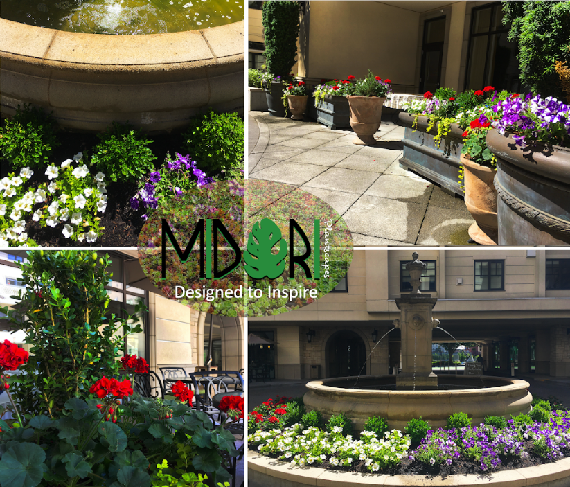 a collage of pictures of flowers and a fountain with the words mdr designed to inspire