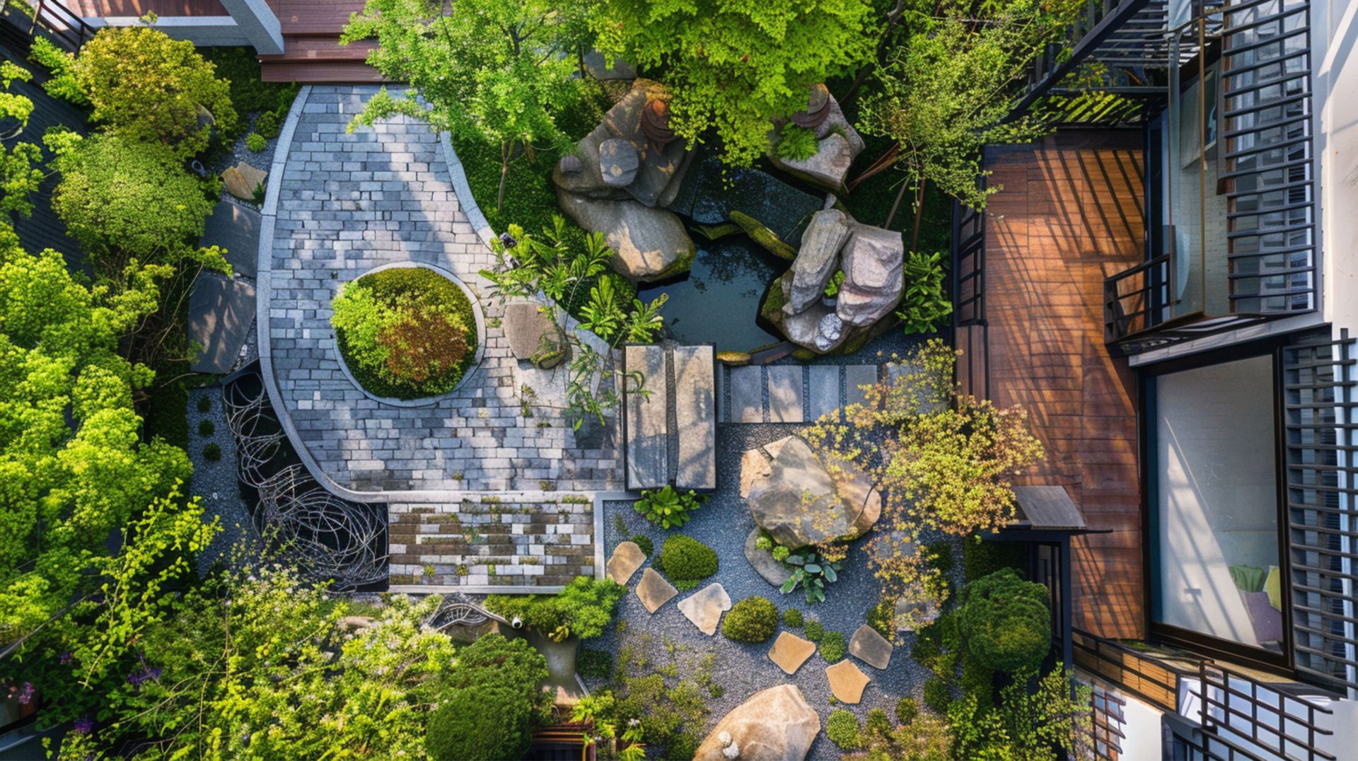 An aerial view of a garden with a house in the background.