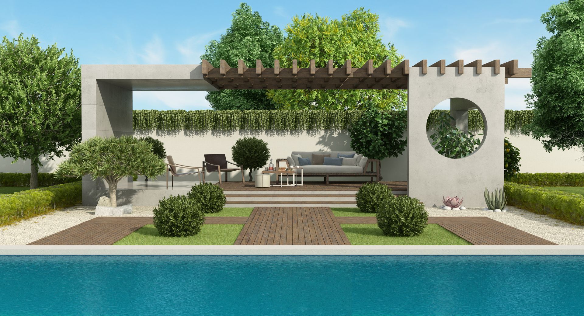 an artist 's impression of a backyard with a swimming pool and a pergola .