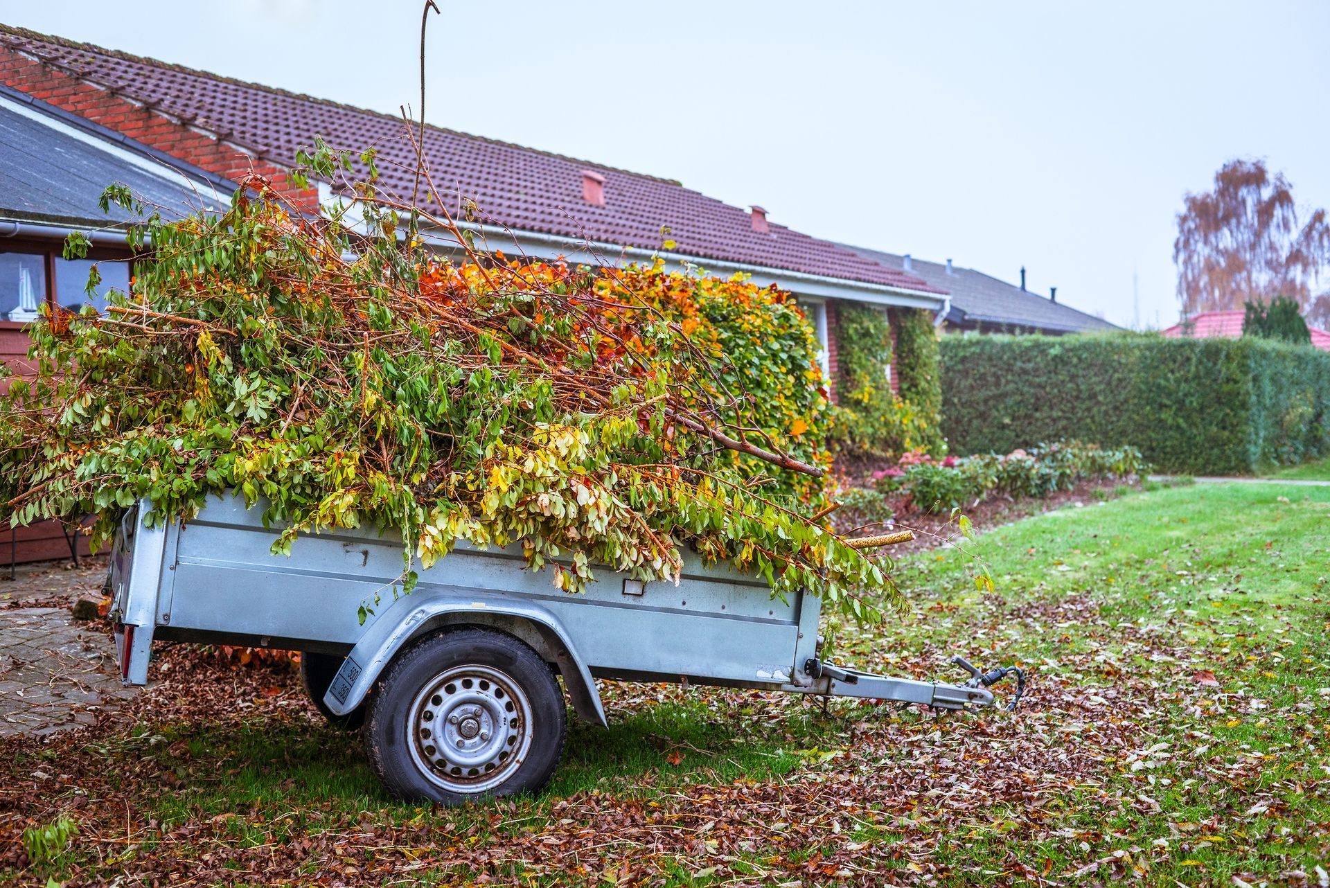 A trailer filled with leaves is parked in front of a house.