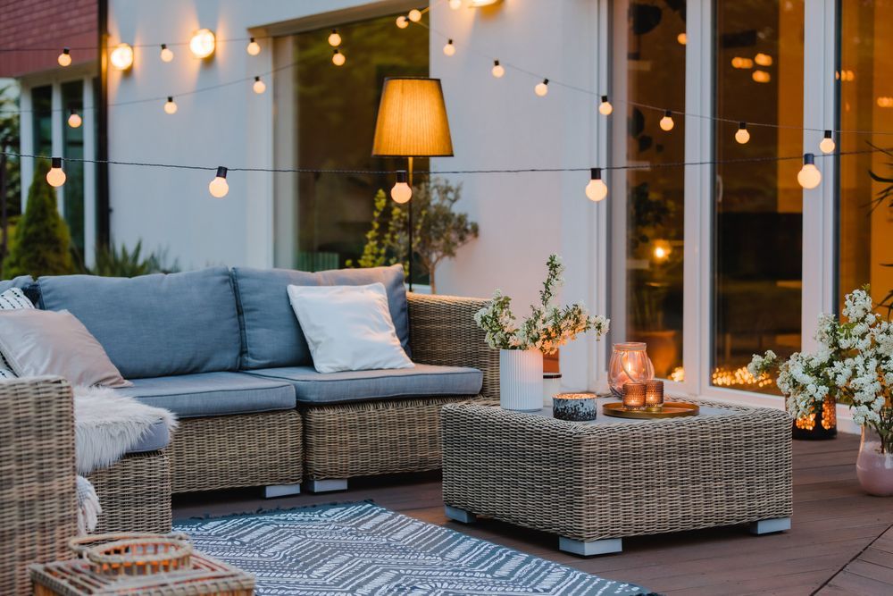 A patio with a couch , chairs , table and lamp.