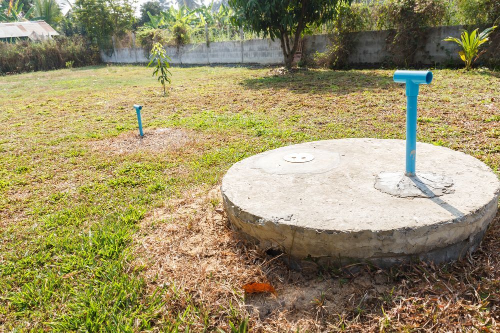 Concrete Septic Tank With a Blue Pipe, in a Grassy Yard — AGM HIRE NQ in Kirwan, QLD
