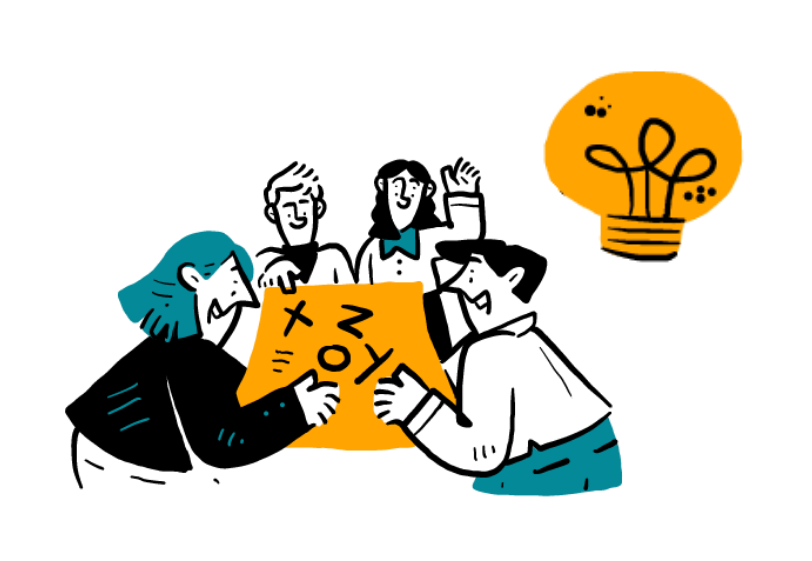 Four people gather around a yellow document marked 