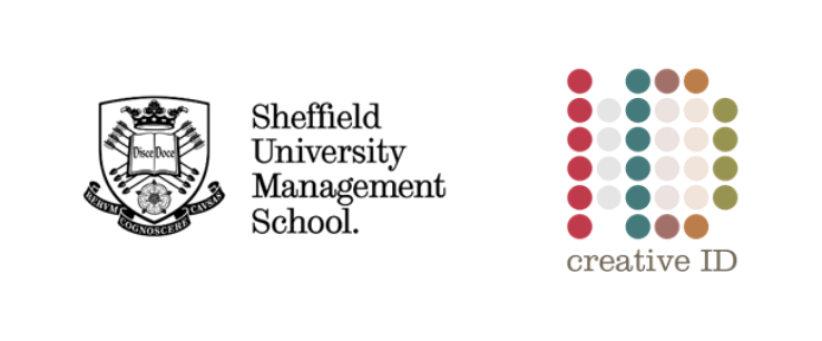 Logo for Sheffield University Management School alongside a multicolored dotted logo pattern with the text Creative ID.