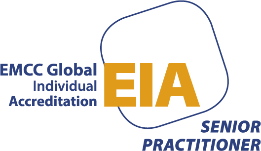 EMCC Global Senior Practitioner accreditation logo: EIA in gold, blue outline, text.
