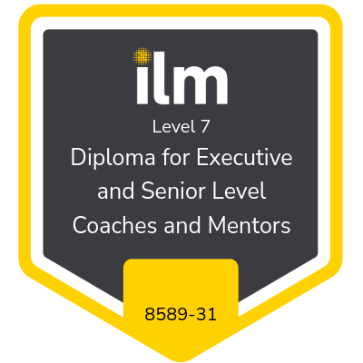 Badge: ILM Level 7 Diploma for Executive Coaches & Mentors, black and yellow, with serial number 8589-31.