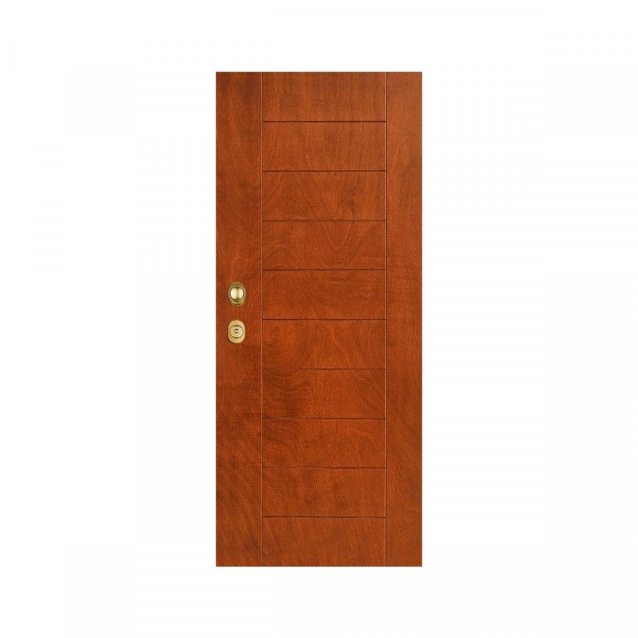 Una porta di legno con una maniglia di ottone su uno sfondo bianco.