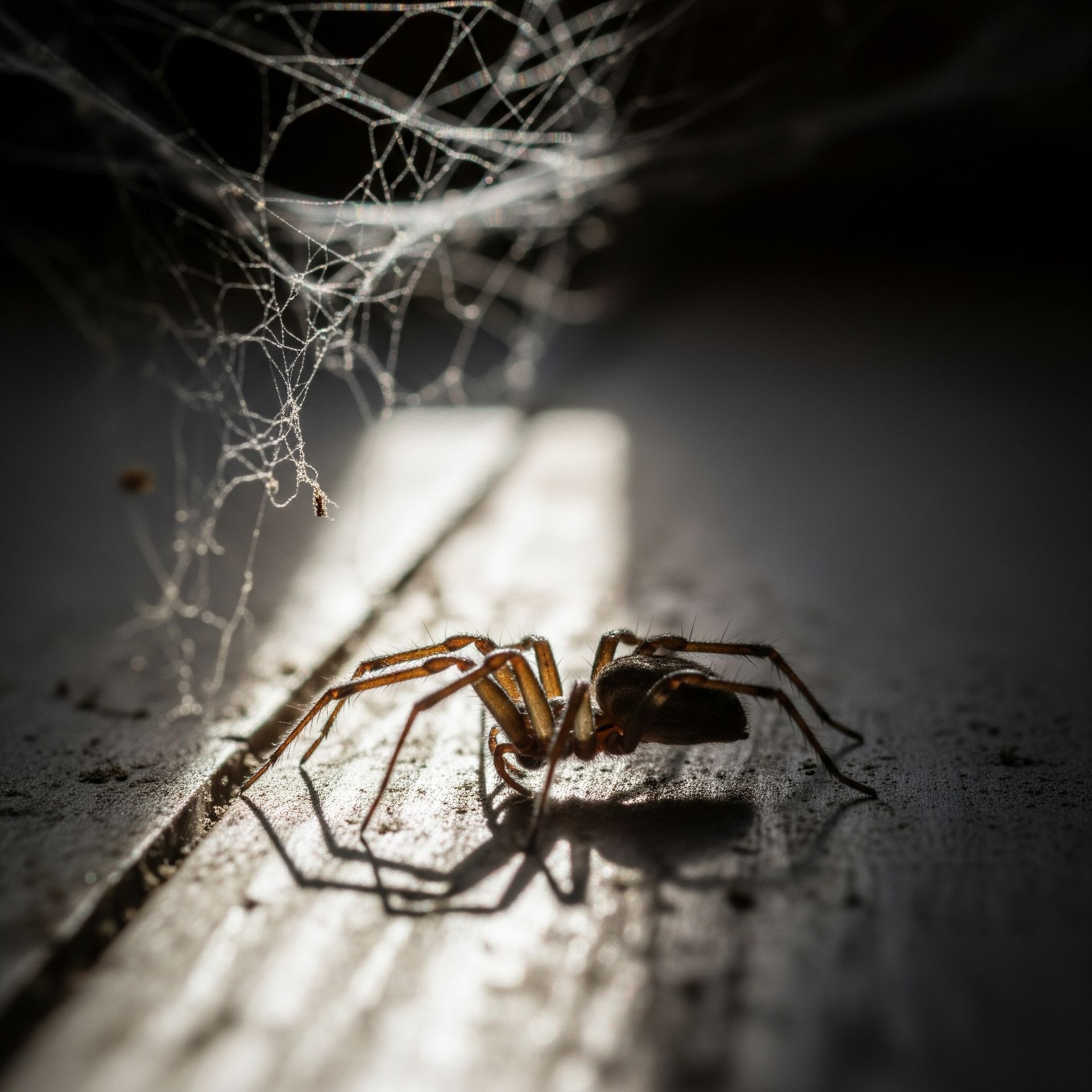 A high-angle close-up of a house spider on a dusty wooden floor with cobwebs in the background.