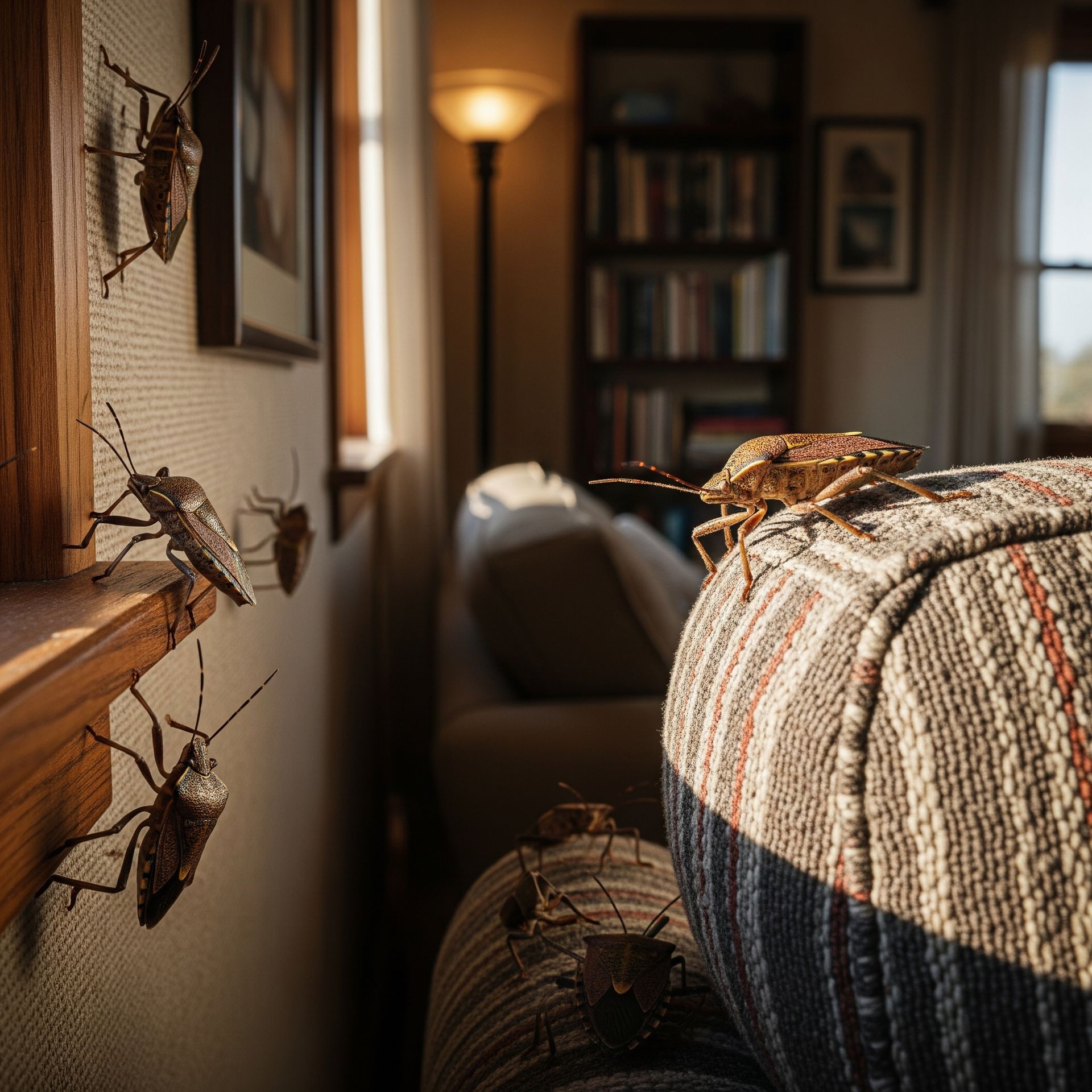 A close-up image of several stink bugs on a windowsill and couch cushion in a home.