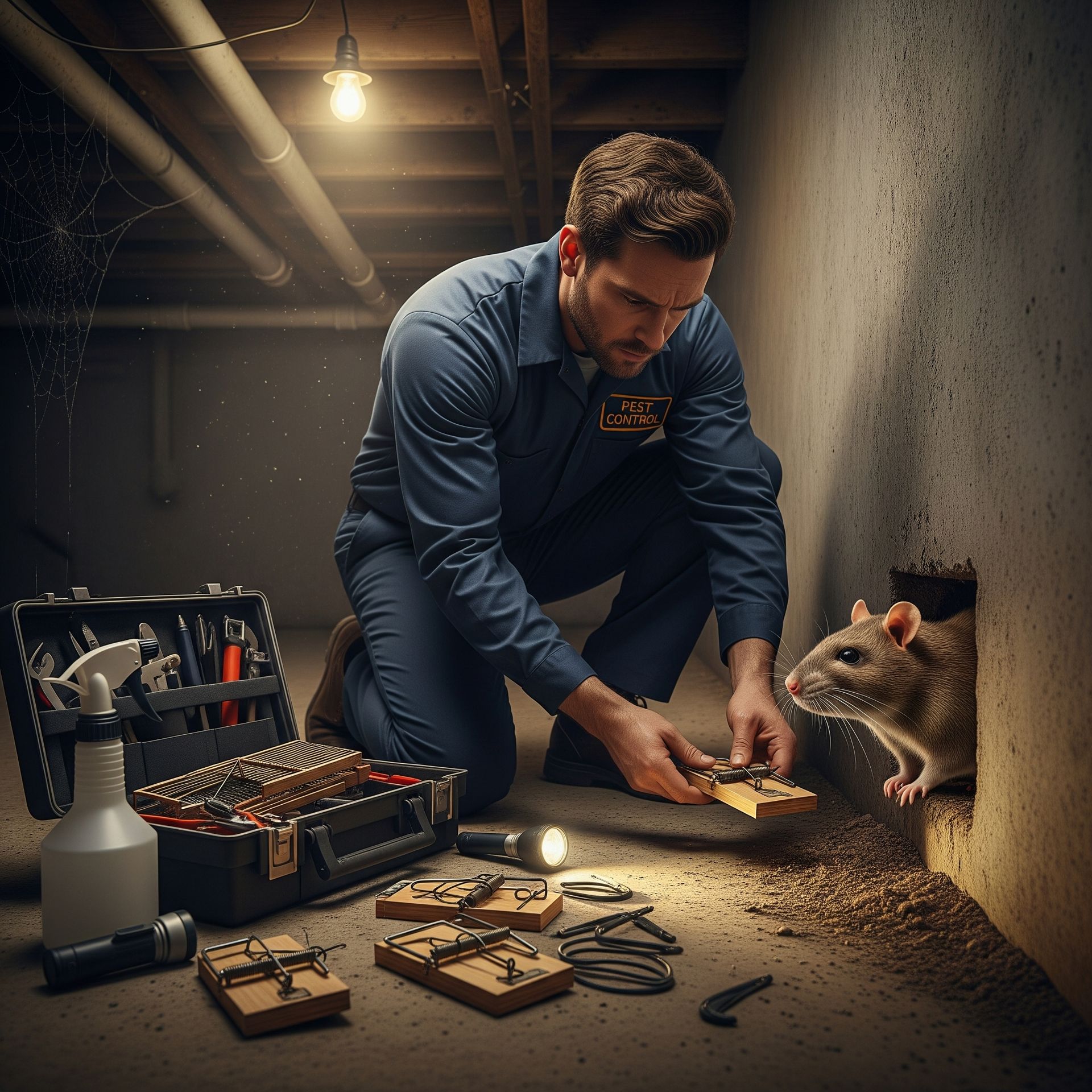 A professional exterminator in a navy blue uniform placing a trap for a rat in a dimly lit basement.