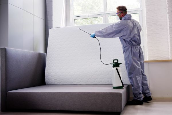 A man in a protective suit is spraying a mattress with a sprayer.