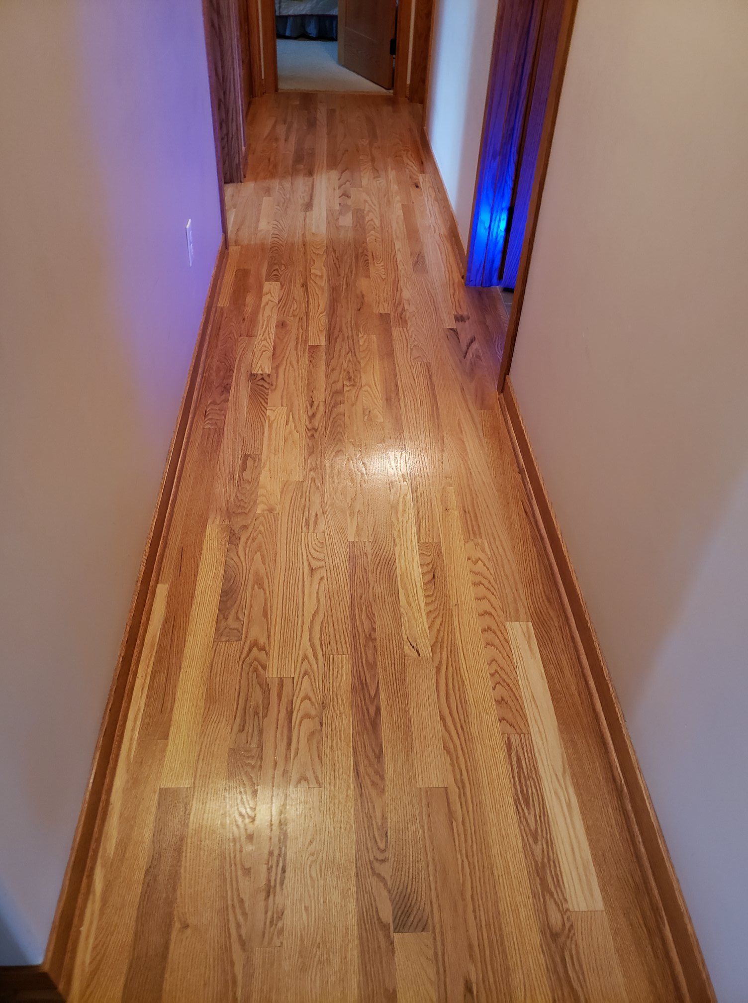 Hallway with light wood flooring and trim, beige walls.