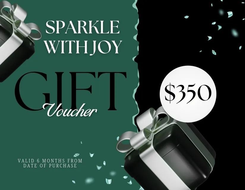 Gift voucher for $350 with a black and green design, gift boxes and confetti, valid for 6 months.