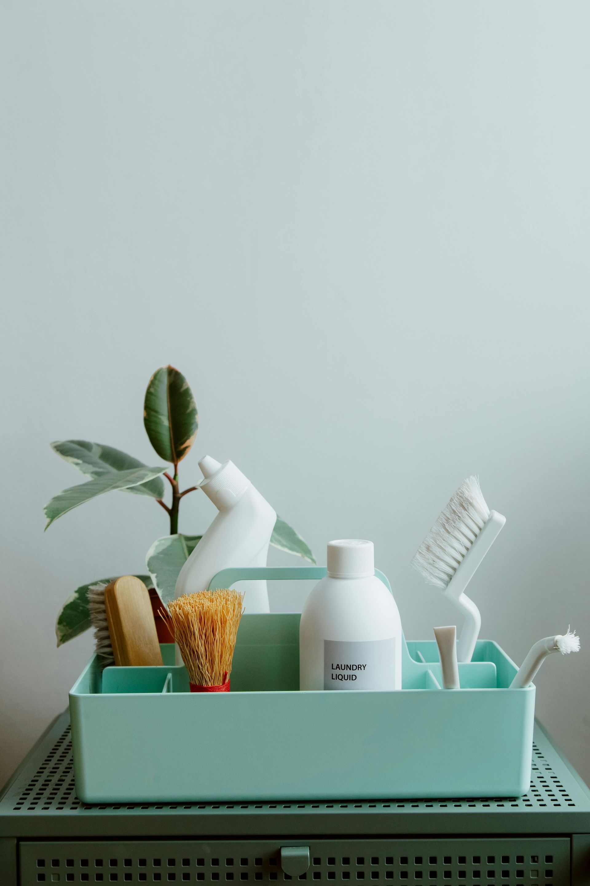 Aqua cleaning caddy with bottles, brushes, and small potted plant. On a teal storage unit against a white wall.