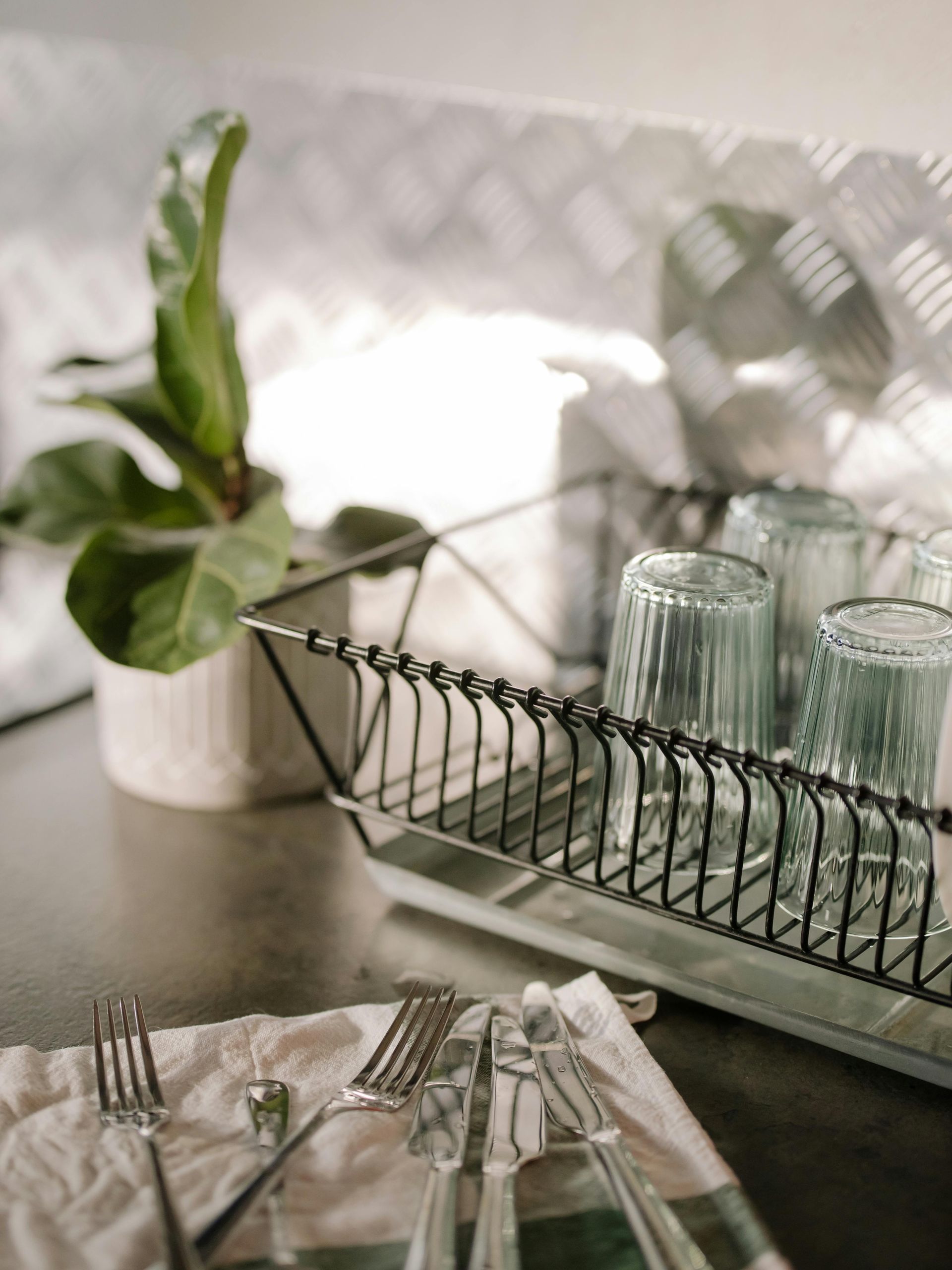Dish rack with glasses, cutlery, and a potted plant on a countertop.
