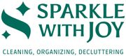 Logo for "Sparkle With Joy" in teal, with a stylized 'S' and diamond sparkles. Includes "Cleaning, Organizing, Decluttering" at the bottom.