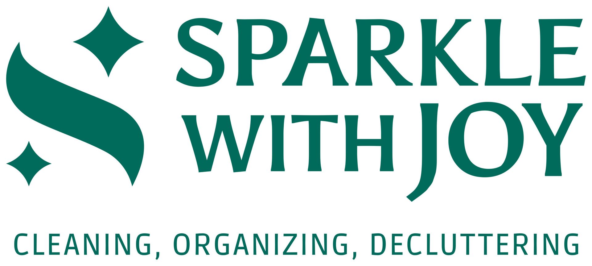 Logo for "Sparkle With Joy" in teal, with a stylized 'S' and diamond sparkles. Includes "Cleaning, Organizing, Decluttering" at the bottom.