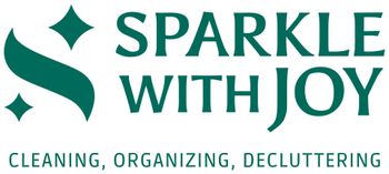 Logo for "Sparkle With Joy" in teal, with a stylized 'S' and diamond sparkles. Includes "Cleaning, Organizing, Decluttering" at the bottom.