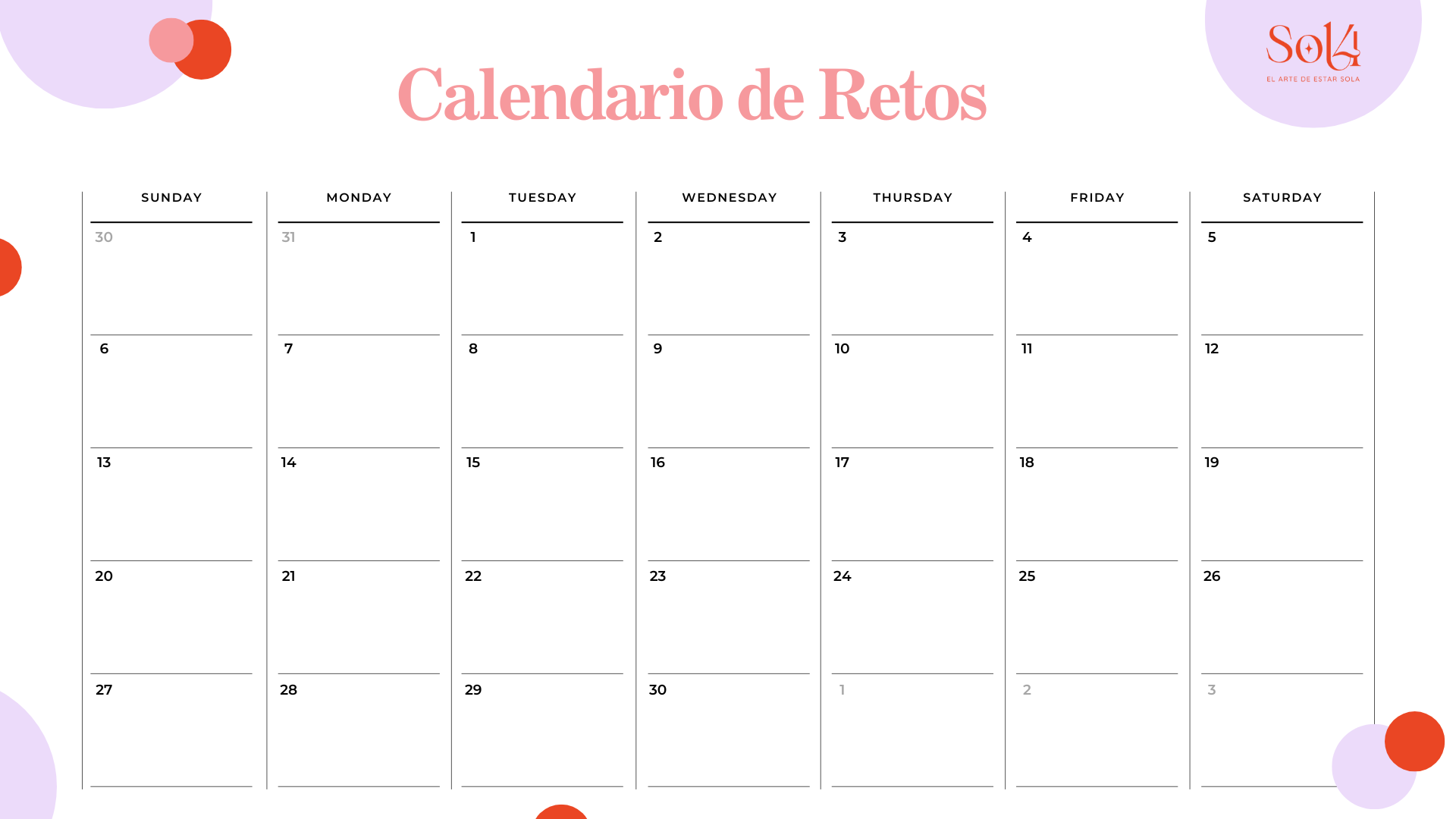 Calendario de retos (Treinta días)
