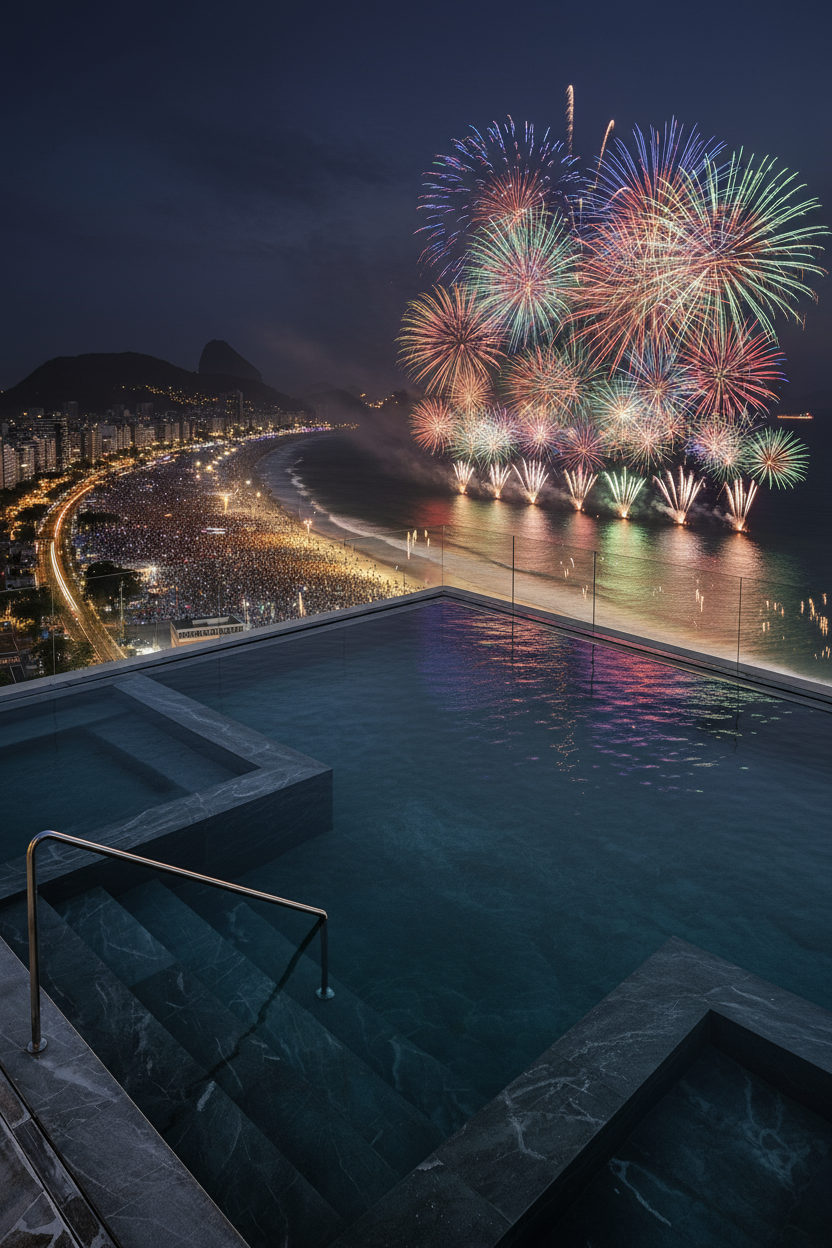 Fogos de artifício sobre uma praia com uma piscina em primeiro plano. Luzes da cidade, oceano e fogos de artifício. Céu escuro à noite. Othon