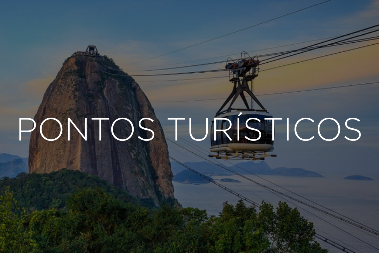 Pão de Açúcar no Rio de Janeiro com teleférico; sobreposição de texto