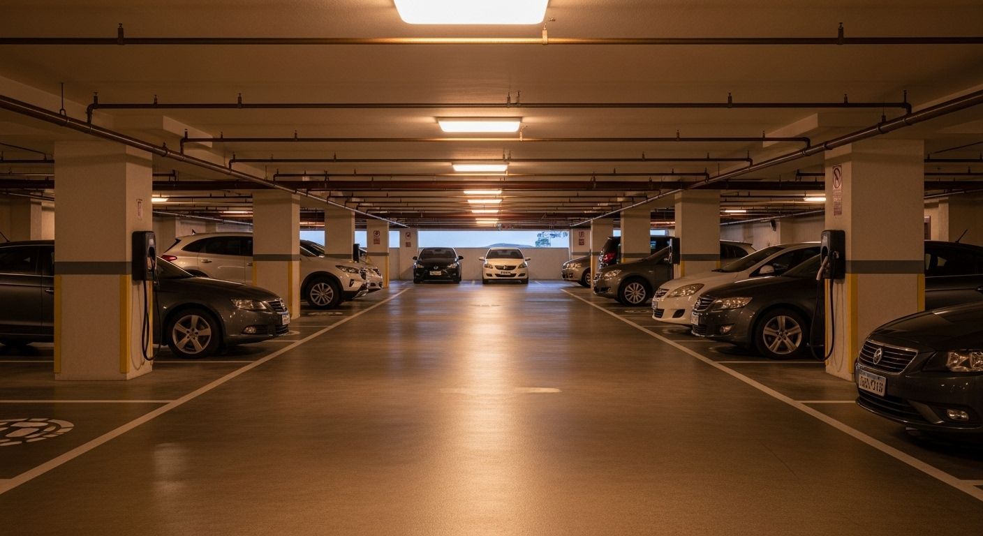 Estacionamento subterrâneo com carros estacionados em vagas, iluminação fluorescente.