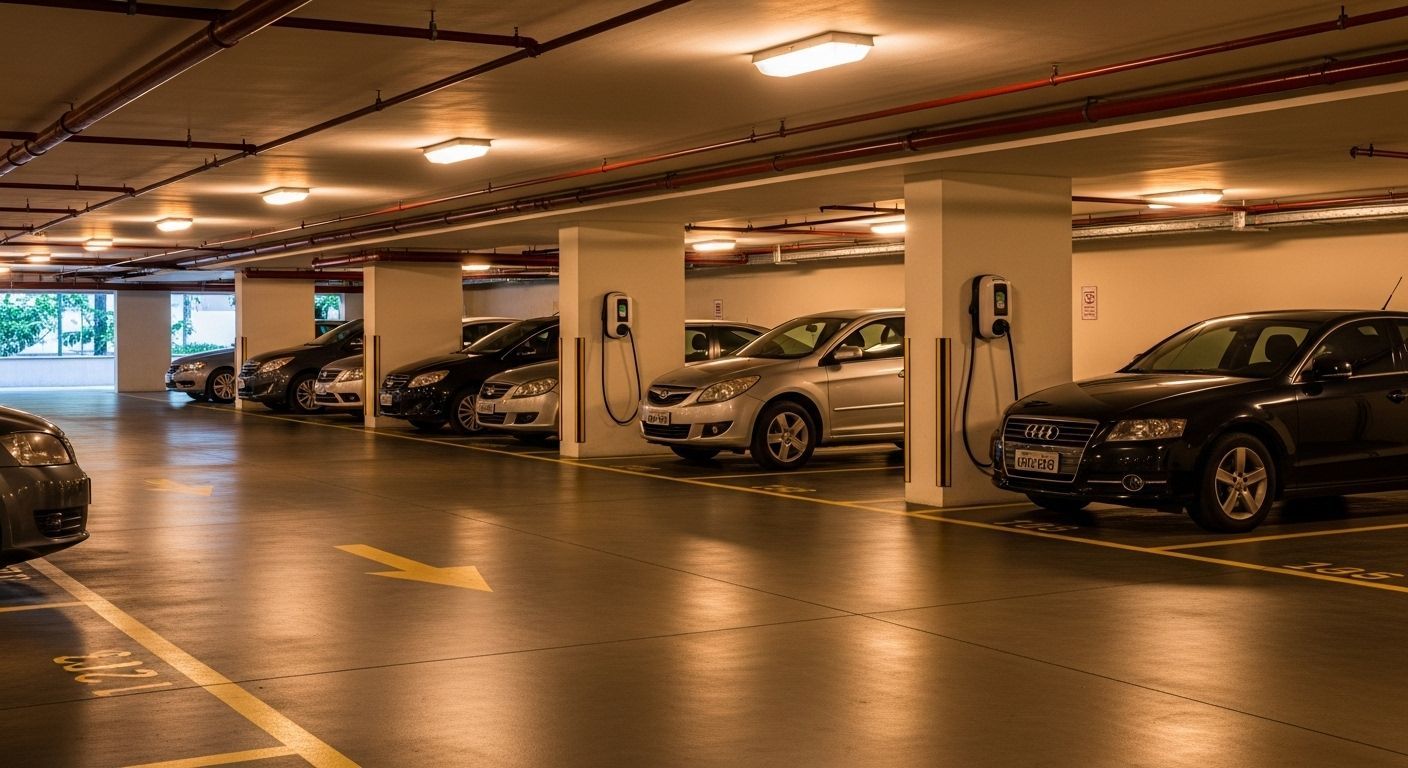 Estacionamento subterrâneo com carros estacionados, alguns com carregadores em estações; piso de concreto, iluminação forte.