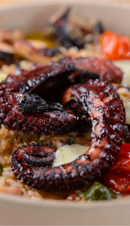 Polvo grelhado sobre uma cama de arroz e legumes em uma tigela branca.