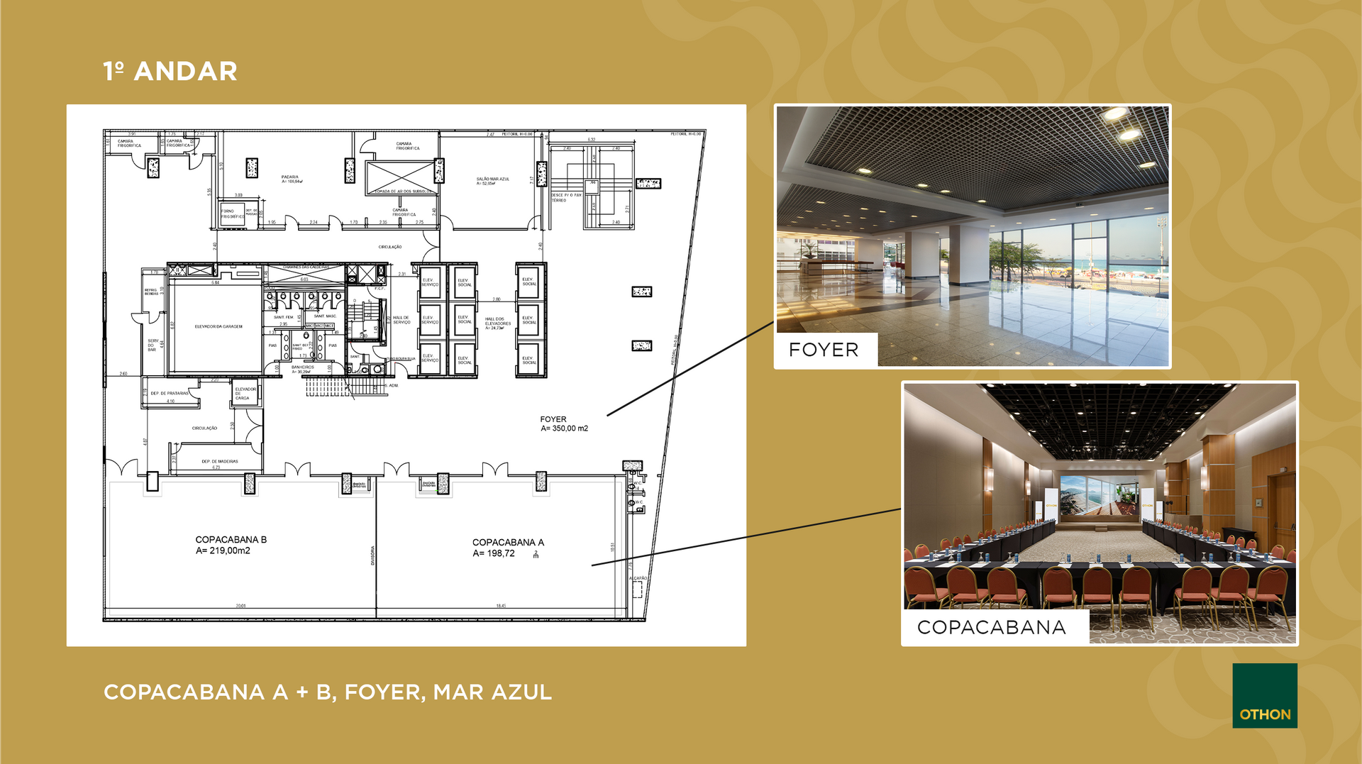 Uma planta baixa e uma foto de uma sala de conferências