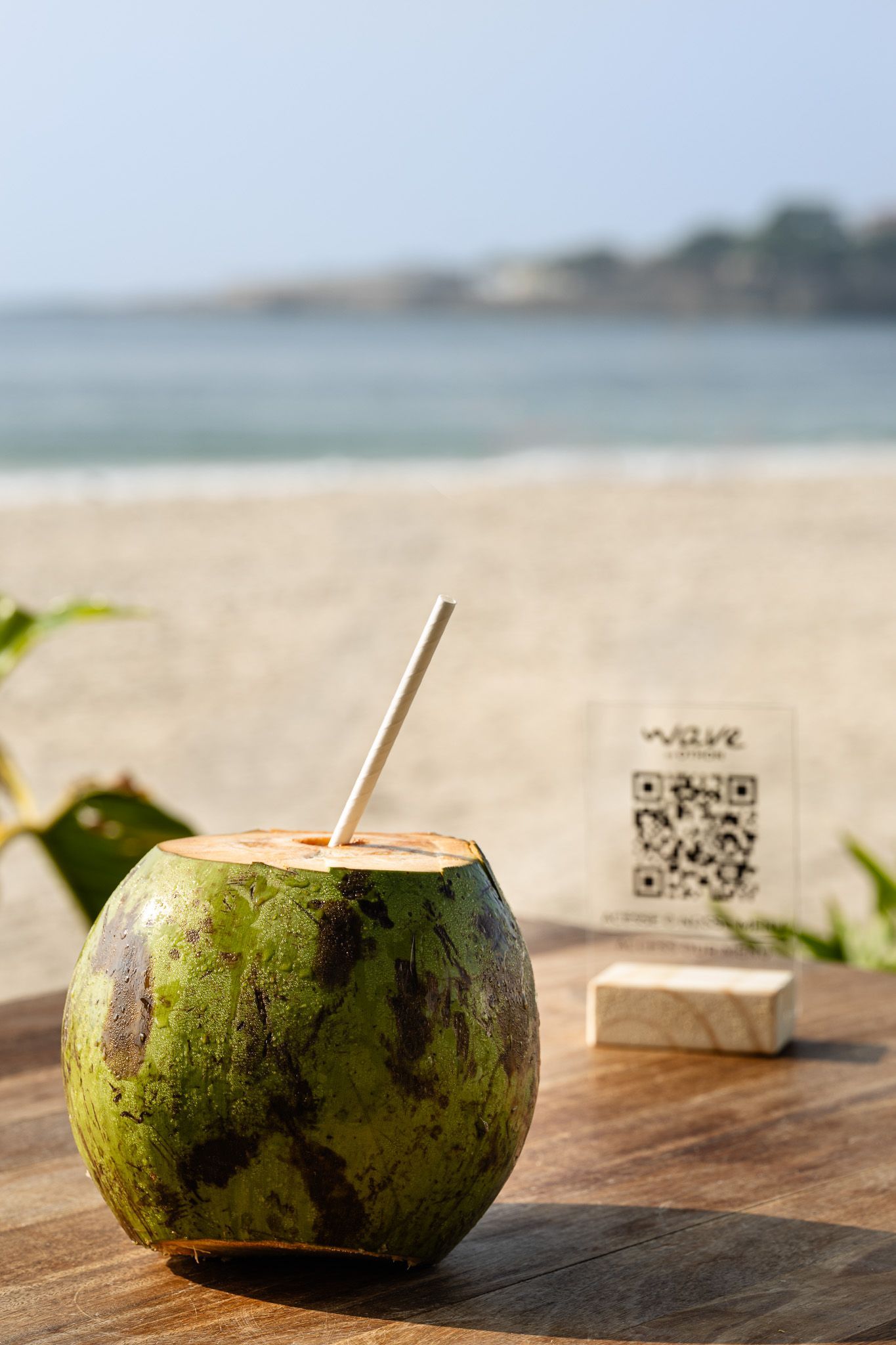 Bebida de coco verde com canudo sobre uma mesa de madeira, com praia e oceano ao fundo.
