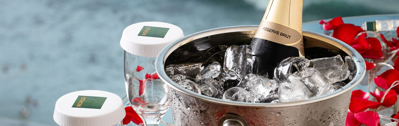 Garrafa de champanhe em balde de gelo, taças e pétalas de rosa. Cenário romântico com fundo azul claro.