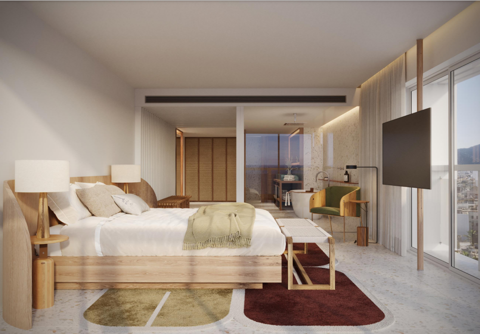 Uma impressão artística de um quarto de hotel com uma cama grande e uma TV de tela plana.