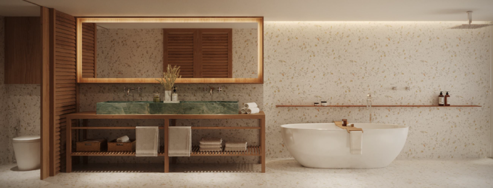 Um banheiro com banheira, pia, espelho e vaso sanitário.