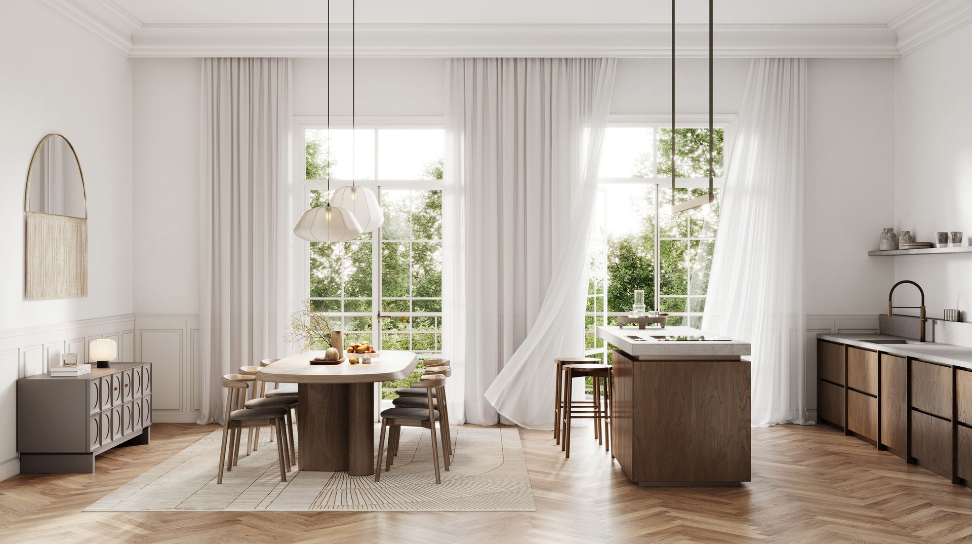 Digital illustration of serene modern kitchen with nature view. Digital illustration of serene modern kitchen with nature view.