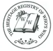 A black and white logo for the heritage registry of whos who.